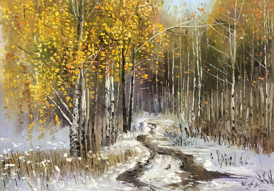 "The Golden Path Through Snow" - Original Impressionist Birch Forest Landscape Oil Painting by First-Class Artist Lin Shengxi | 53x37cm Hand-Painted Heavy Impasto Canvas Masterpiece 11236