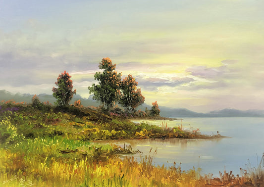 "Serenity by the Lake" - Original Fine Art Autumn Landscape Oil Painting by First-Class Artist Kim Chul-jun | 53x38cm Hand-Painted Premium Canvas Masterpiece 11414