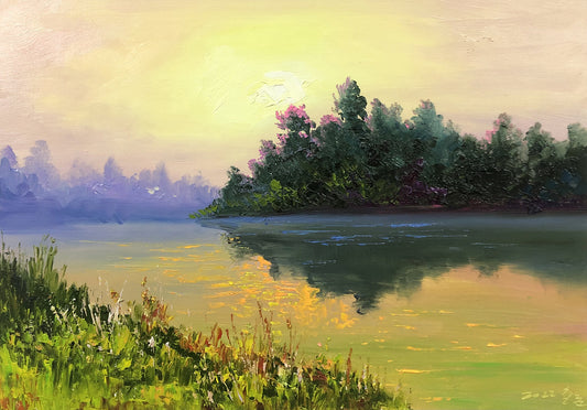 Original Oil Painting – Sunrise by the Lake | Hand-Painted Landscape Art by Kim Chol Jun 11482