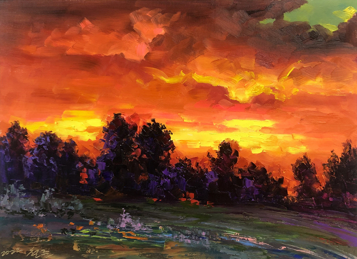 Original Oil Painting – Crimson Sunset Glow | Hand-Painted Impressionist Landscape Art by Kim Chol Jun 11720