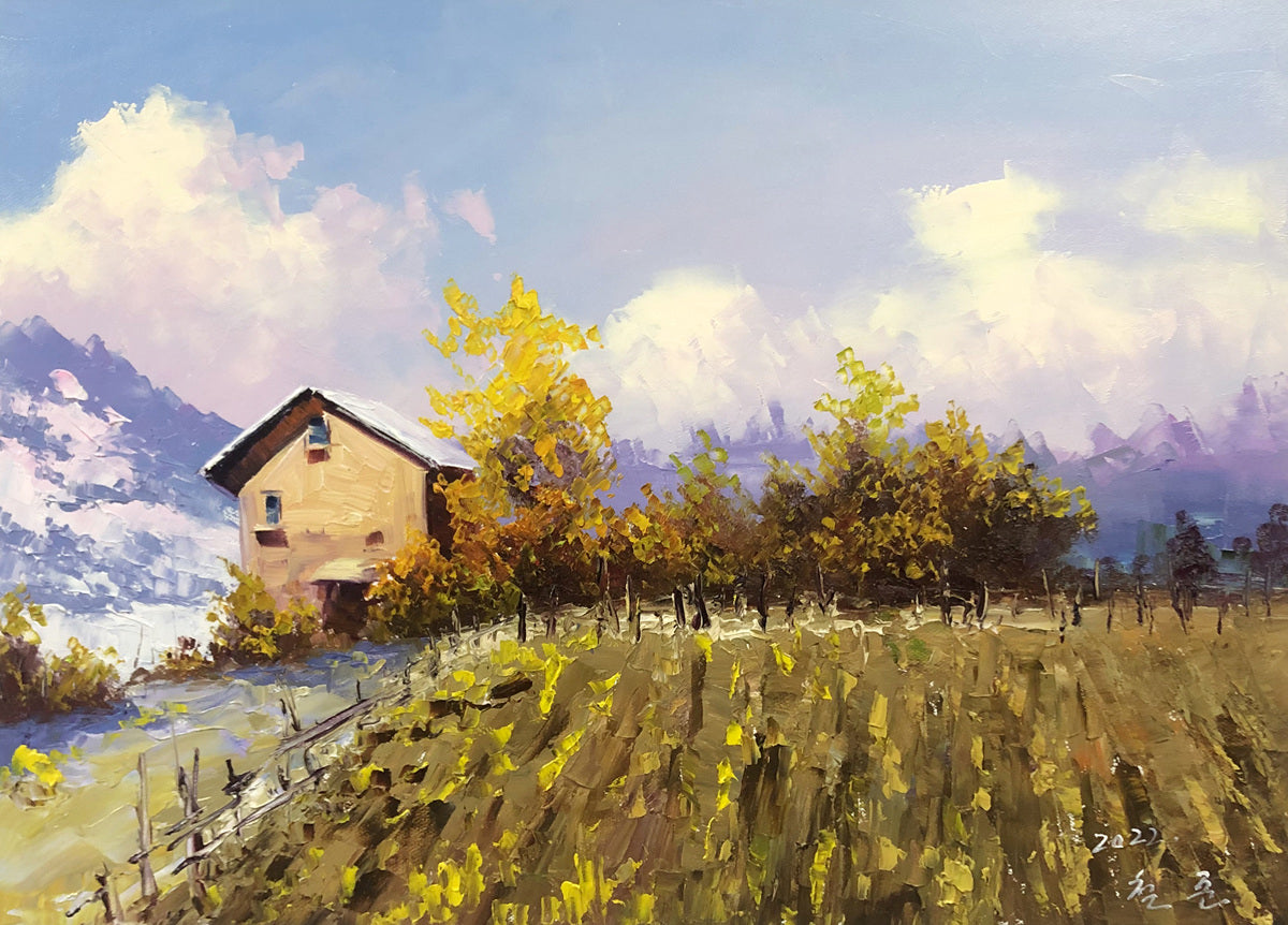 Golden Forest & Silver Mountains Oil Painting by Kim Chol Jun | Original Landscape Art 11758
