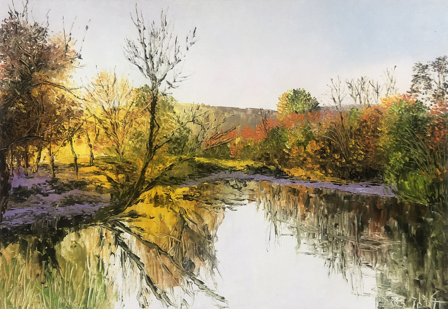 "Golden Autumn Lake" – Original Impressive Realistic Oil Painting by Master Kim Jong Su 11884