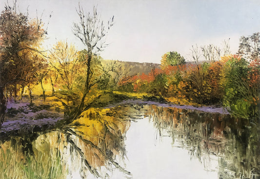 "Golden Autumn Lake" – Original Impressive Realistic Oil Painting by Master Kim Jong Su 11884