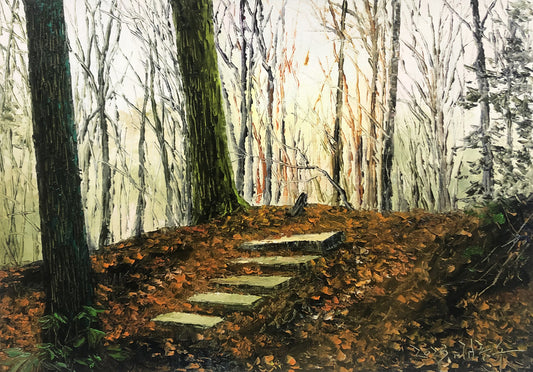 Original Oil Painting – Forest Steps | Hand‑Painted Impressionist Woodland Path Landscape Art by Kim Jong Su 11923