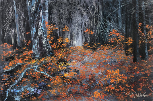 "The Crimson Canopy" – Original Realistic Autumn Maple Oil Painting by Master Artist Kim Jong Su 11924