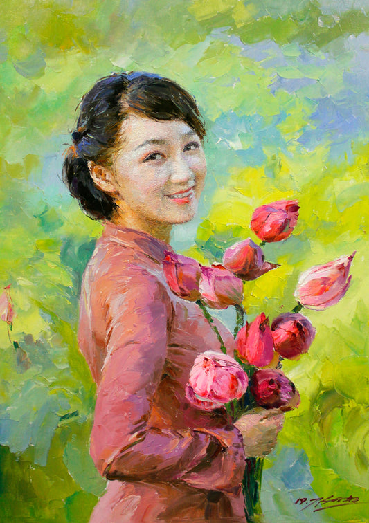 Original Hand‑Painted Portrait – Beauty with Lotus Oil Painting by Kim Young Chul br1192