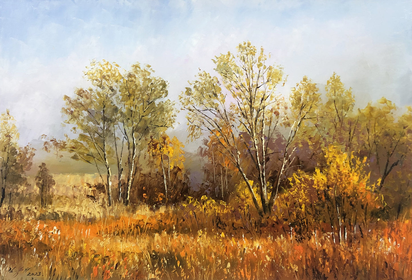 Autumn Birch Forest Stream Oil Painting by Lim Seung Hee | Original Impressionist Landscape Art  11956