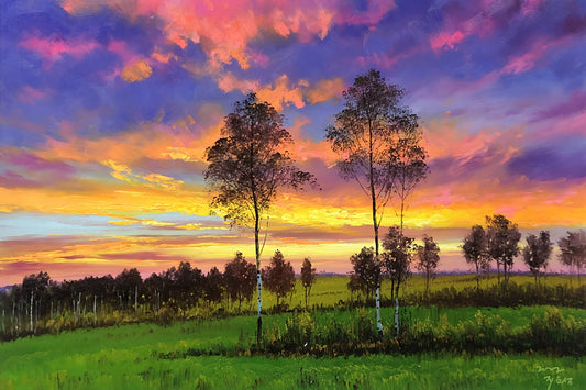 Original Oil Painting – Morning Glow | Hand-Painted Impressionist Birch Tree Sunset Landscape by Ji Un Sung 12001
