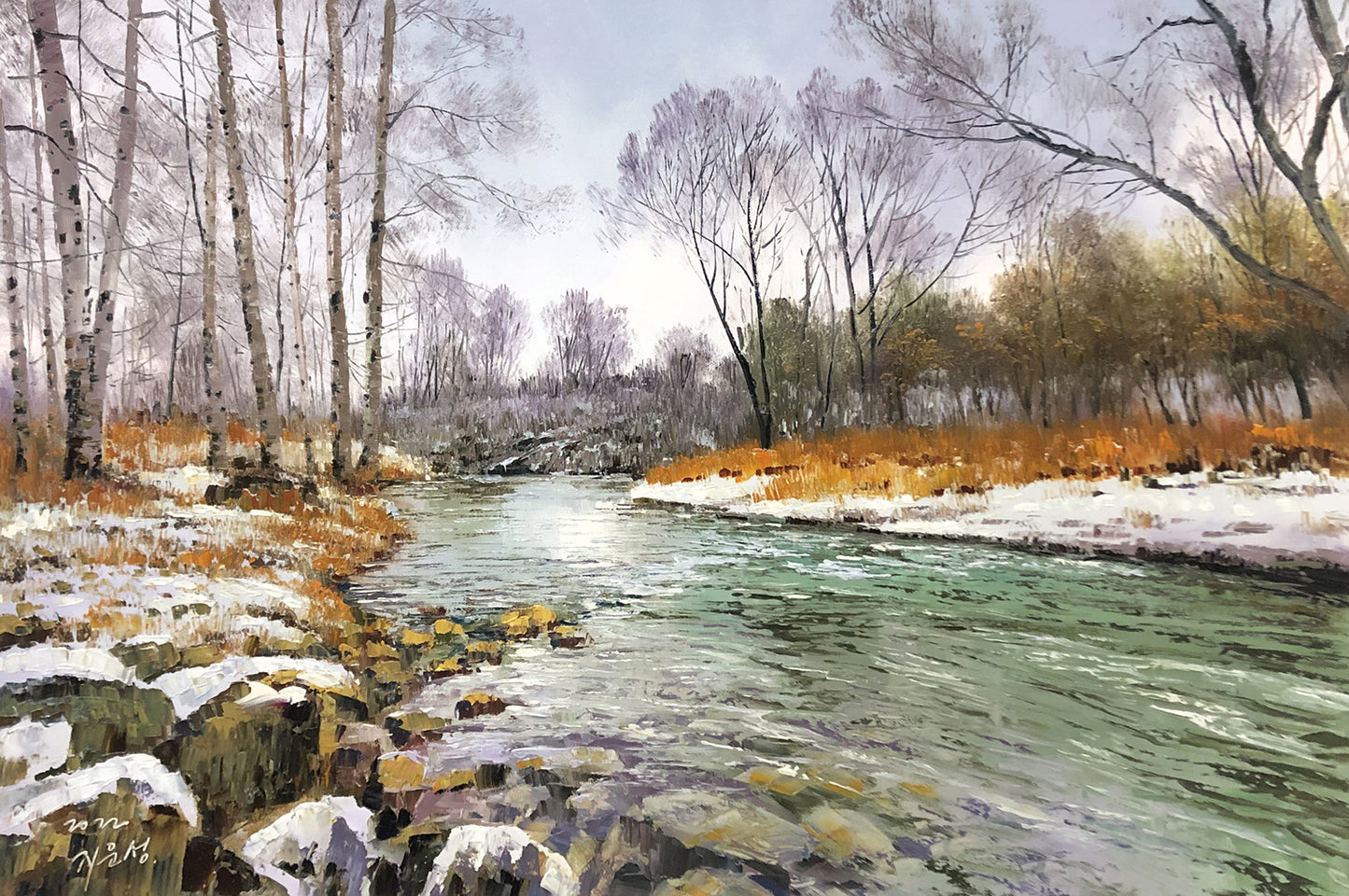 Original Oil Painting – Birch Forest | Hand-Painted Impressionist Winter River Landscape Art by Ji Un Sung 12004