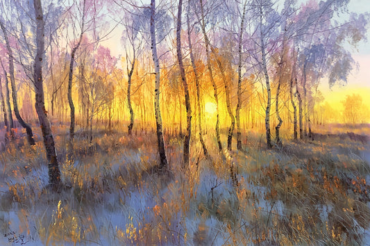 "Winter Sun" - Original Impressionist Birch Forest Landscape Oil Painting by First-Class Artist Paek Eun Chol (2022) | 90x60cm Hand-Painted Textured Fine Art Canvas (The Radiant Dawn) 12040