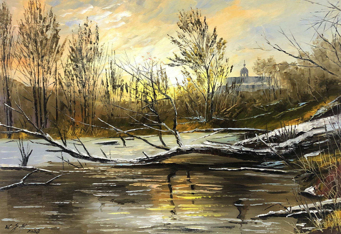 "Winter's Golden Hour" – Original Impressionist Landscape Oil Painting by Master Artist 12103