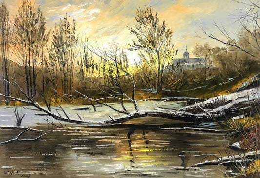"Winter's Golden Hour" – Original Impressionist Landscape Oil Painting by Master Artist 12103