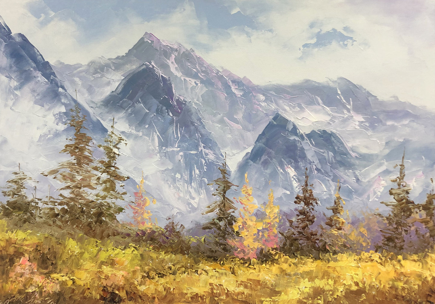 Original Oil Painting "Golden Leaves & Silver Mountains" by First-Class Painter Kim Chol Jun – Collectible Hand-Painted Impressionist Landscape Art 12138