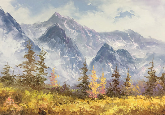 Original Oil Painting "Golden Leaves & Silver Mountains" by First-Class Painter Kim Chol Jun – Collectible Hand-Painted Impressionist Landscape Art 12138