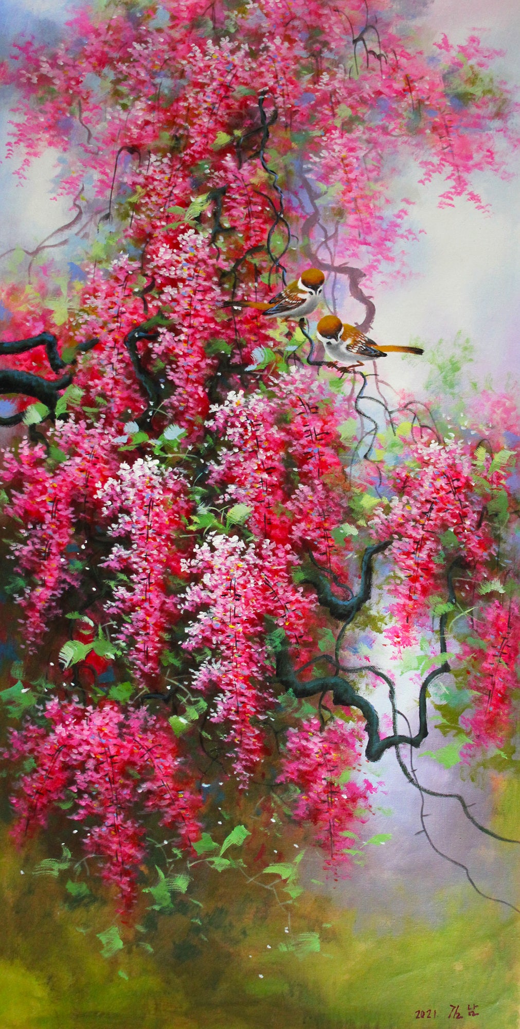 Original Oil Painting "Bougainvillea" by DPRK First-Class Painter Kim Nam – Collectible Hand-Painted Floral Art 1237