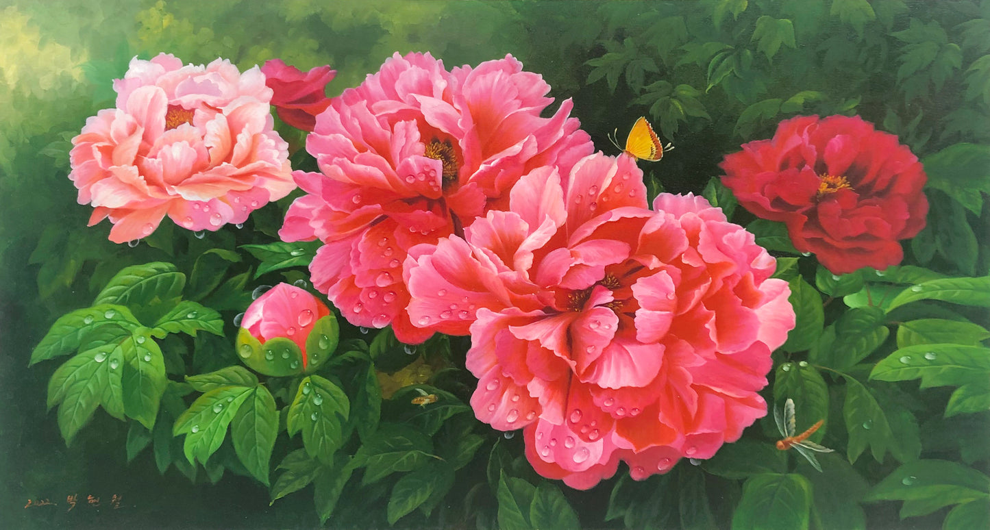 Original Oil Painting "Peonies in Full Bloom (Wealth & Prosperity)" by Bak Hyeon Cheol (Merited Artist) | 120x66cm Hyper-Realistic Floral Masterpiece 12556