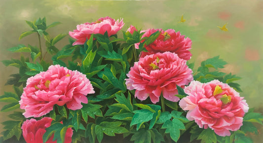"The Symphony of Peonies & Prosperity" - Original Fine Still Life Oil Painting by Merited Artist Park Hyun Chol | 116x66cm Large Scale Hand-Painted Masterpiece Canvas 12560
