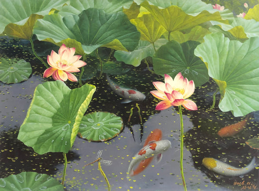 Original Oil Painting "Lotus Pond" by First-Class Painter Kang Nam Chol – Collectible Hand-Painted Still Life & Nature Art 12729