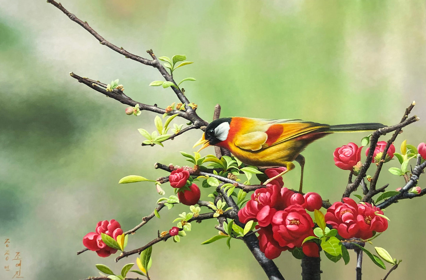 Original Oil Painting "Spring · Bird" by First-Class Artist Zhao Yizhen | Hand-Painted Animal Wall Art for Entryway 12862