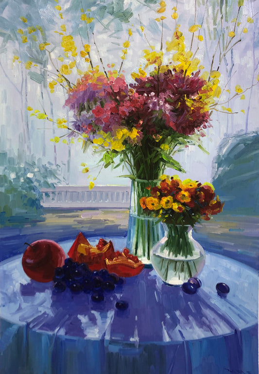 "The Radiant Banquet" - Original Impressionist Floral & Fruit Still Life Oil Painting by First-Class Artist Li Mingxun | 74x49cm Hand-Painted Premium Canvas Masterpiece 12895
