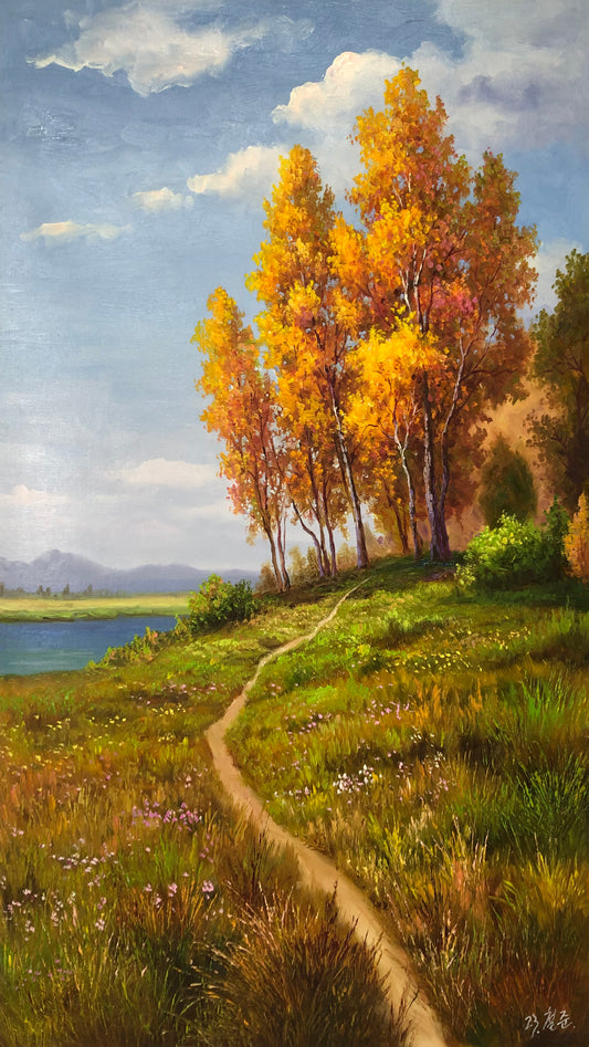 Original Oil Painting "Golden Leaves Covering the Forest" by First-Class Artist Kim Cheol-jun | Hand-Painted Autumn Landscape Wall Art 12937