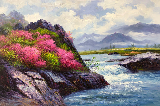Original Oil Painting "Ever-Flowing Stream" by First-Class Painter Kim Cheol-jun – Collectible Hand-Painted Landscape Art 12951