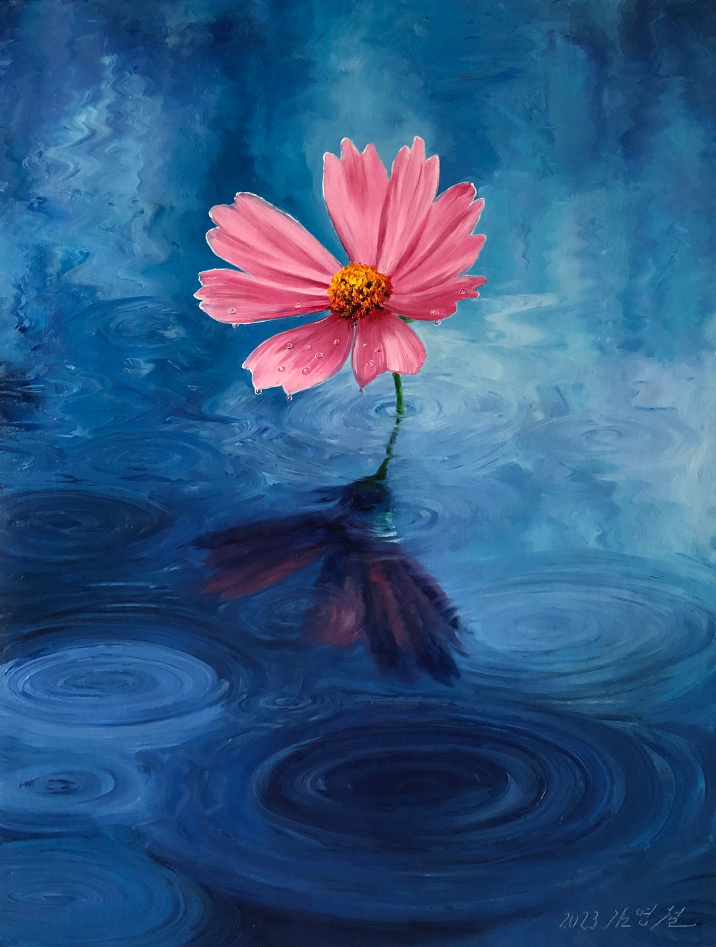 Cosmos Flower Oil Painting by Kim Young Chul | Original Hyper-Realist Floral Art 12971