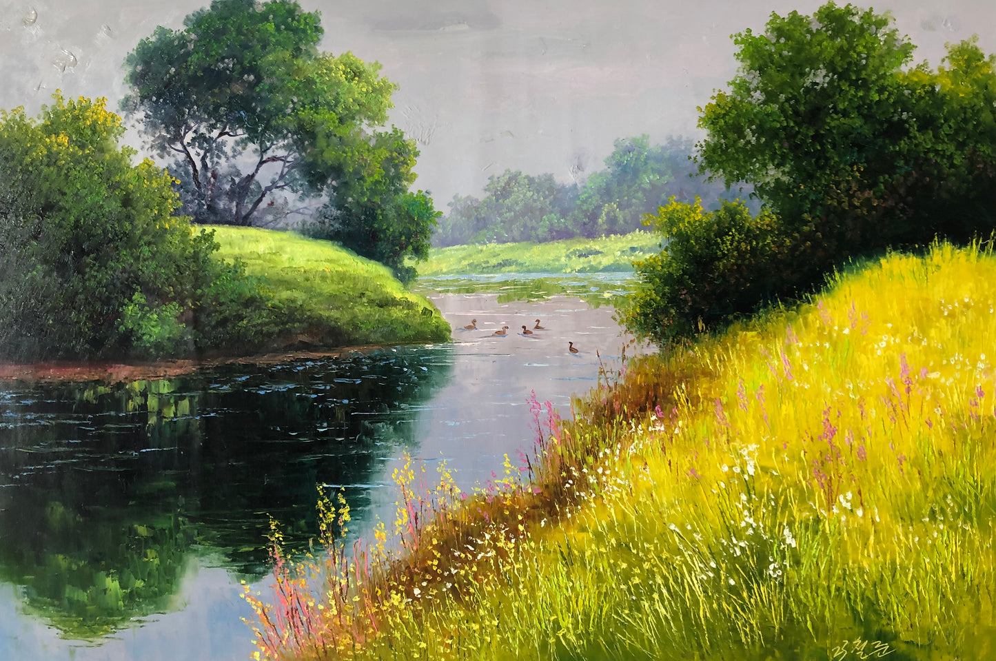 Original Oil Painting "Stream Side Beauty" by First-Class Painter Kim Chol Jun – Collectible Hand-Painted Impressionist Landscape Art 12983