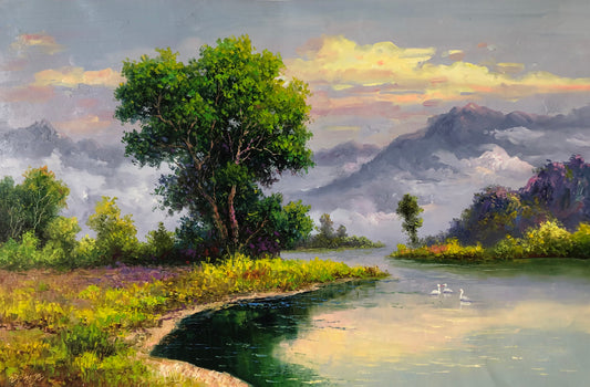 Original Oil Painting "Swan Lake" by First-Class Painter Kim Cheol-jun – Collectible Hand-Painted Landscape Art 12987