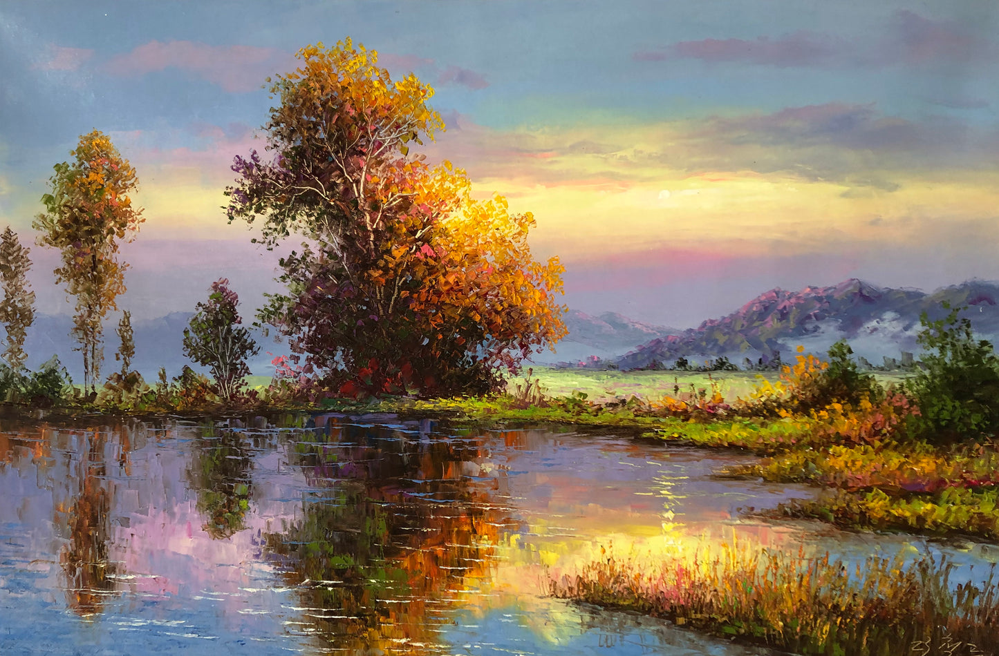 Original Oil Painting "Water and Sky Merge in One Hue" by First-Class Artist Kim Cheol-jun | Hand-Painted Sunset Landscape Wall Art 12988