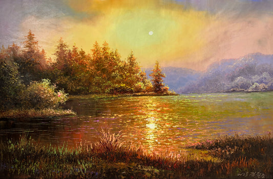 Original One-of-a-Kind Oil Painting "Golden Ripples on the Lake" by First-Class Artist Kim Cheol-jun | Premium Landscape Wall Art 13638