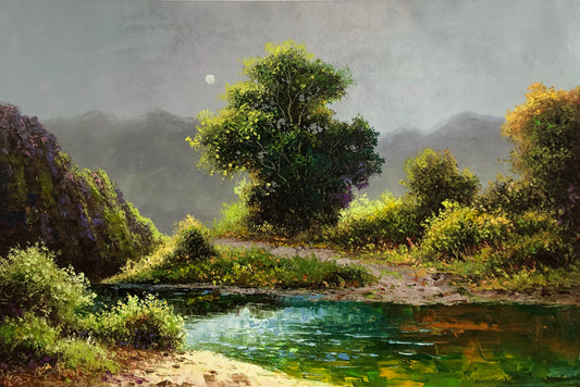 "The Murmuring Emerald Stream under Moonlight" - Original Landscape Oil Painting by First-Class Artist Kim Chol Jun | 90x60cm Hand-Painted Luminous Full Moon & Deep Forest River Canvas 13648