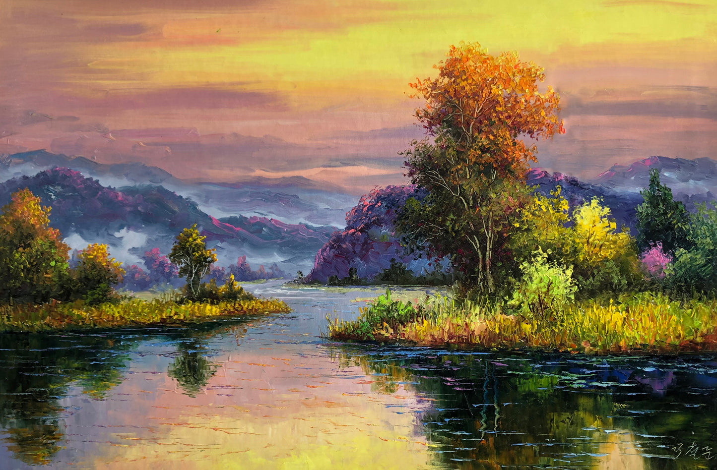 "The Purple Aura of Sovereign Fortune" - Original Landscape Oil Painting by First-Class Artist Kim Chol Jun | 90x60cm Hand-Painted Glorious Golden Sunset & Radiant River Canvas 13652