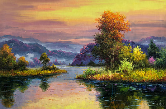 "The Purple Aura of Sovereign Fortune" - Original Landscape Oil Painting by First-Class Artist Kim Chol Jun | 90x60cm Hand-Painted Glorious Golden Sunset & Radiant River Canvas 13652