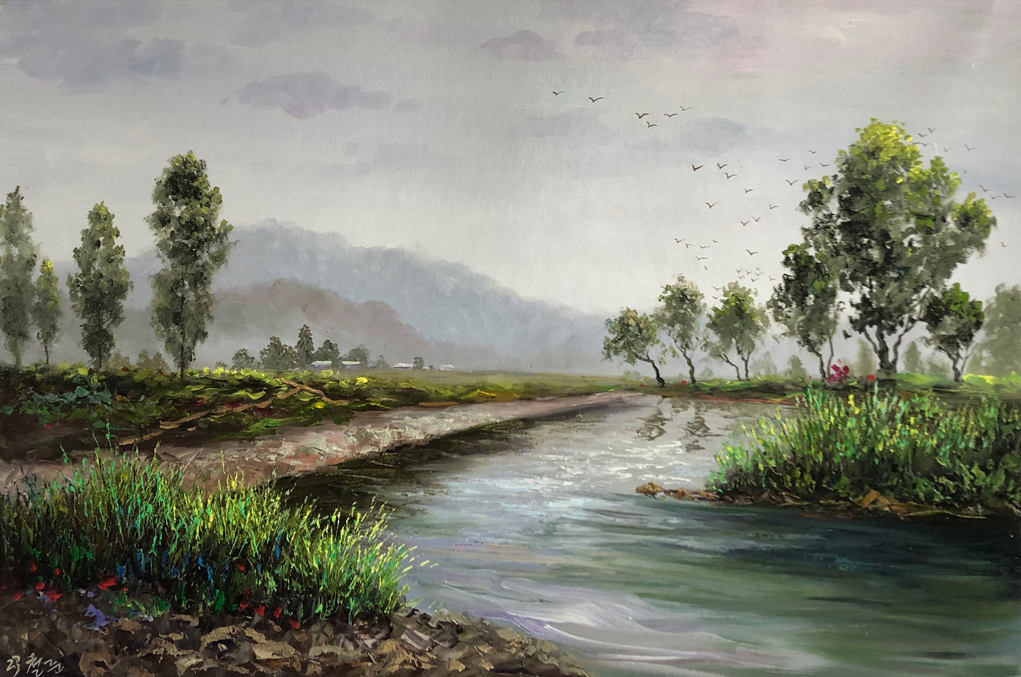 "The Ascendant Flight of Infinite Horizon" - Original Landscape Oil Painting by First-Class Artist Kim Chol Jun | 90x60cm Hand-Painted Soaring Birds & Glorious River Valley Canvas 13666
