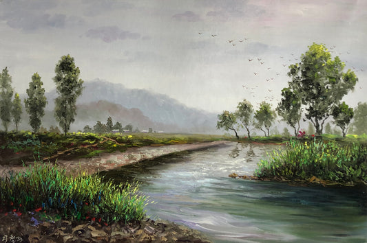 "The Ascendant Flight of Infinite Horizon" - Original Landscape Oil Painting by First-Class Artist Kim Chol Jun | 90x60cm Hand-Painted Soaring Birds & Glorious River Valley Canvas 13666