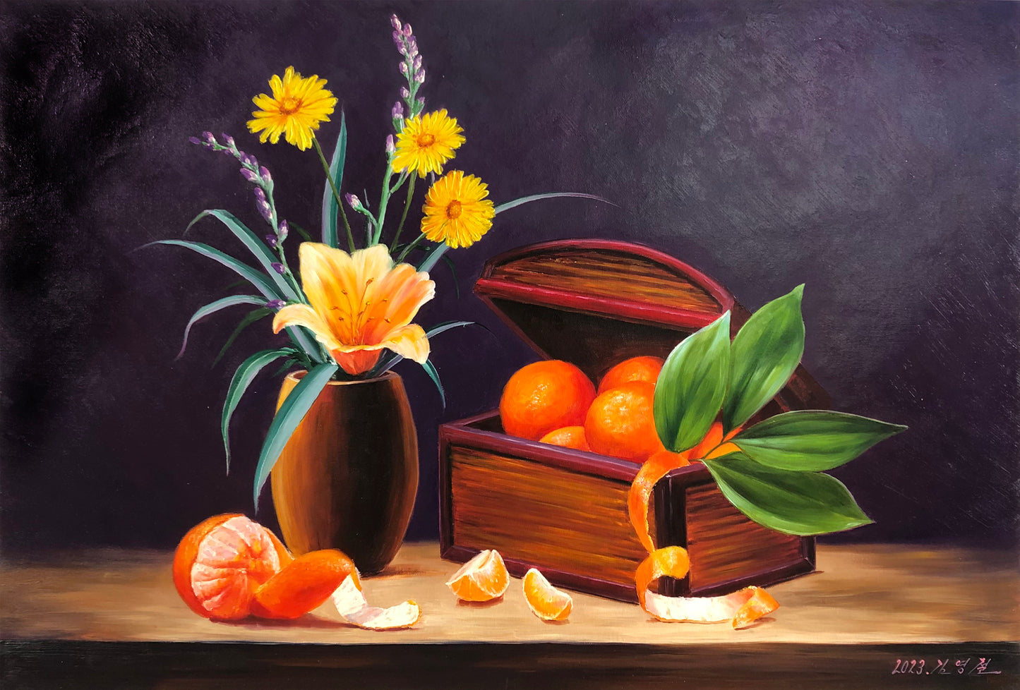 Original Oil Painting "Still Life with Flowers and Tangerines" by Honored Artist Kim Yong Chol – Collectible Hand-Painted Still Life Art 13671