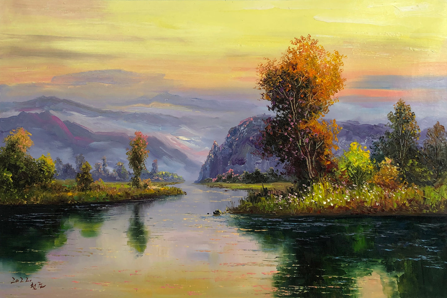 "The Serene River of Fortune" - Original Impressionist Landscape Oil Painting by First-Class Artist Kim Chol Jun (2022) | 90x60cm Hand-Painted Luminous Sunset & Wealth-Flowing River Canvas 14592