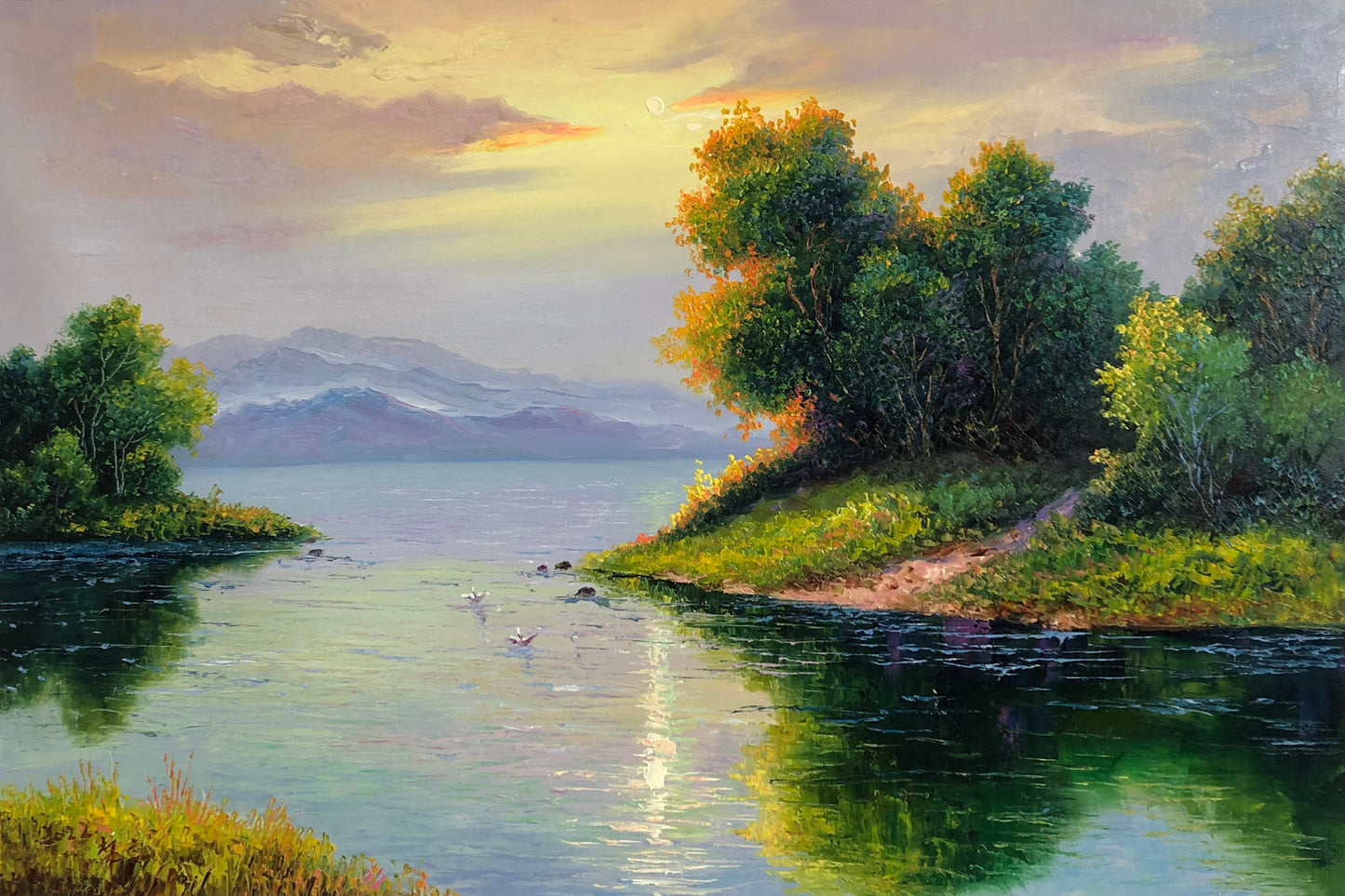 "The Sanctuary of Mountain Echoes" - Original Landscape Oil Painting by First-Class Artist Kim Chol Jun | 90x60cm Hand-Painted Backlit Forest & Serene Goose Lake Reflection Canvas 14593