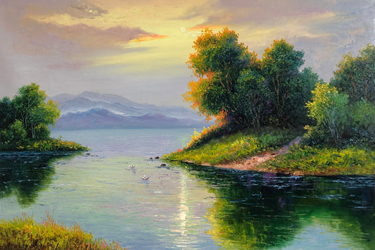 "The Sanctuary of Mountain Echoes" - Original Landscape Oil Painting by First-Class Artist Kim Chol Jun | 90x60cm Hand-Painted Backlit Forest & Serene Goose Lake Reflection Canvas 14593