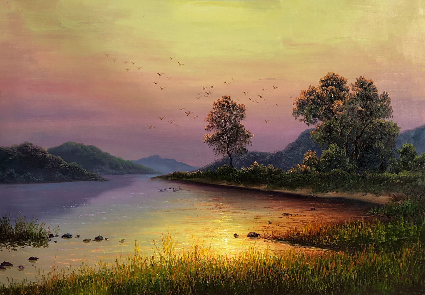 "The Ascendant Flight of Infinite Horizon" - Original Landscape Oil Painting by First-Class Artist Kim Chol Jun | 90x60cm Hand-Painted Soaring Birds & Glorious Gilded River Twilight Canvas 14596