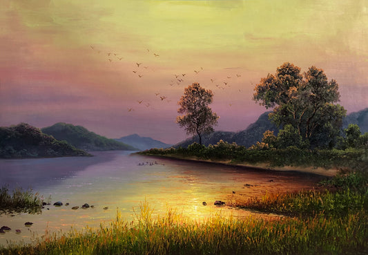 "The Ascendant Flight of Infinite Horizon" - Original Landscape Oil Painting by First-Class Artist Kim Chol Jun | 90x60cm Hand-Painted Soaring Birds & Glorious Gilded River Twilight Canvas 14596