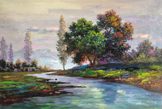 "The Vibrant Stream of Abundance" - Original Impressionist Landscape Oil Painting by First-Class Artist Kim Chol Jun (2022) | 90x60cm Hand-Painted Luminous River & Rich Autumnal Forest Canvas 14597