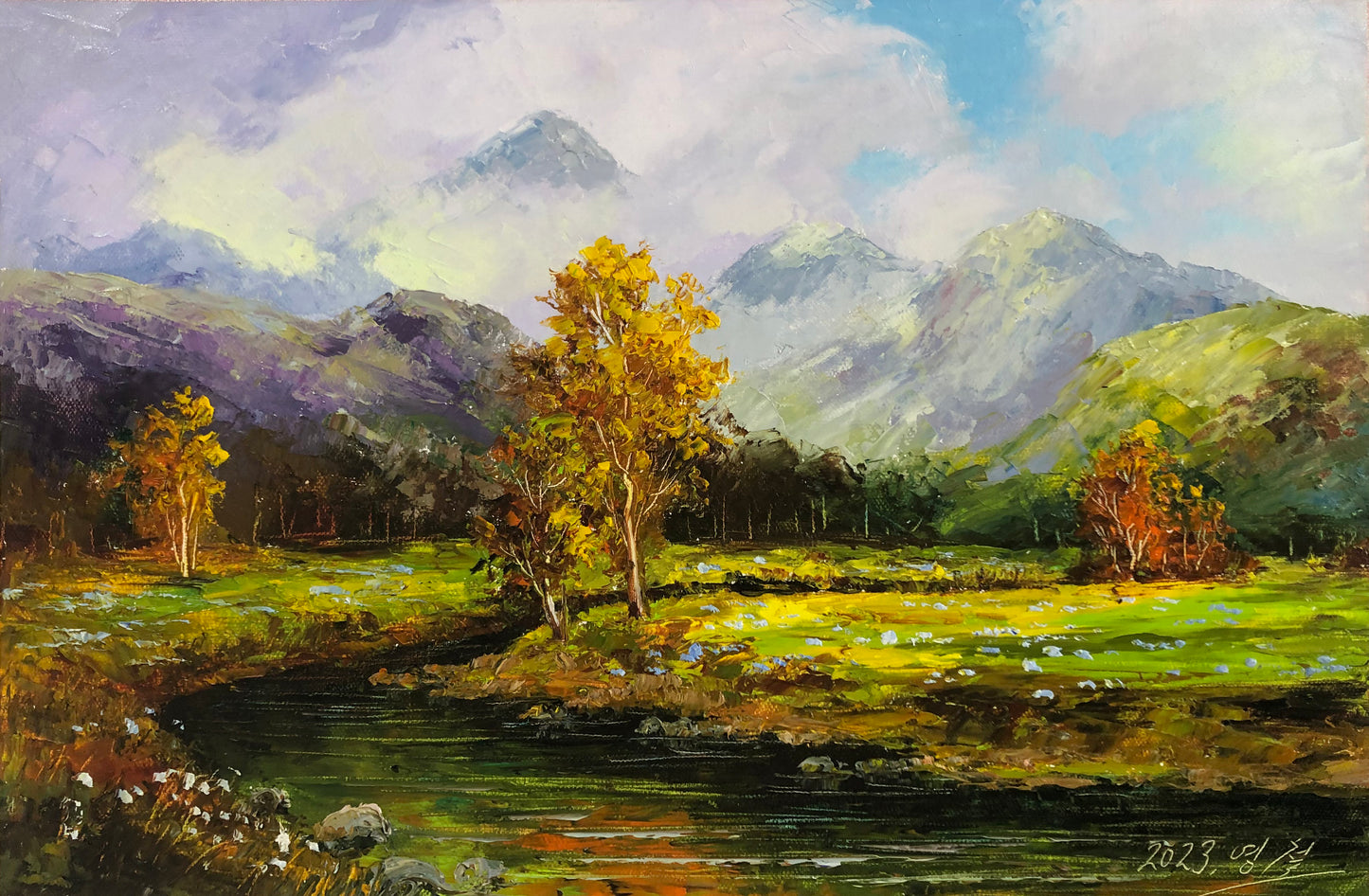 Original Oil Painting "Clear Mountains and Beautiful Waters" by Meritorious Painter Kim Young Chul – Collectible Hand-Painted Impressionist Landscape Art 14672