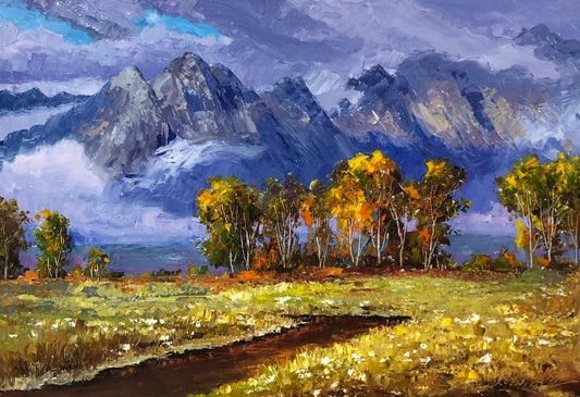 Original Oil Painting "Autumn Mountains in Clouds" by Meritorious Painter Kim Young Chul – Collectible Hand-Painted Impressionist Landscape Art 14683