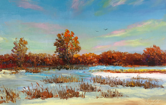"The Resilience of Fiery Embers" - Original Landscape Oil Painting by Merited Artist Kim Yeong Cheol | 53x35cm Hand-Painted Impasto Winter Snow & Autumn Foliage Contrast Canvas 14734