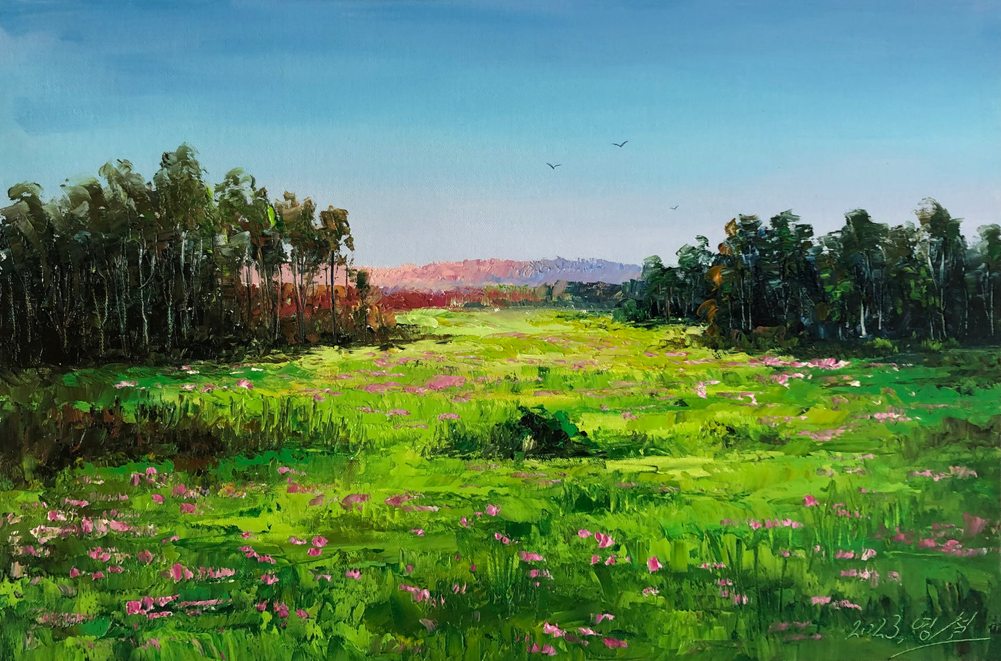 "The Boundless Emerald Meadow" - Original Landscape Oil Painting by Merited Artist Kim Yeong Cheol | 53x35cm Hand-Painted Impasto Field of Blooming Wildflowers Canvas 14739