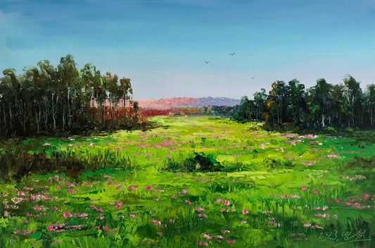 "The Boundless Emerald Meadow" - Original Landscape Oil Painting by Merited Artist Kim Yeong Cheol | 53x35cm Hand-Painted Impasto Field of Blooming Wildflowers Canvas 14739