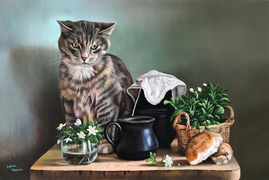 "The Regal Companion" - Original Hyperrealistic Cat & Still Life Oil Painting by First-Class Artist Ji Chol Rim (2023) | 90x60cm Hand-Painted Textured Fine Art Canvas 14859