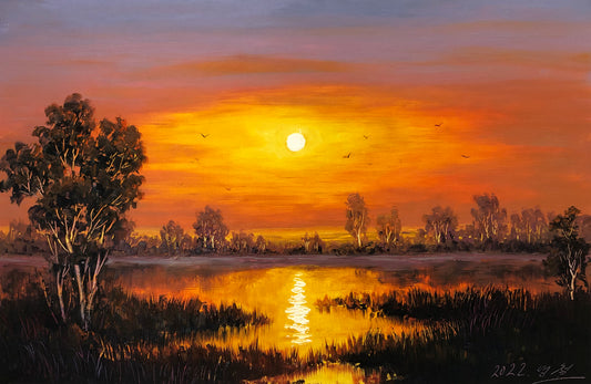 "The Gilded Pathway of Floating Embers" - Original Landscape Oil Painting by Merited Artist Kim Yeong Cheol | 53x35cm Hand-Painted Brilliant Golden Sunset & Shimmering River Horizon Canvas 14881